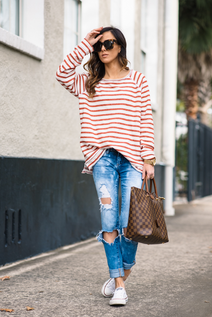 casual stripes, stripes, stripe shirt, distressed denim, blank denim, louis vuitton, casual style, celine sunglasses, gold jewelry, casual outfit, 