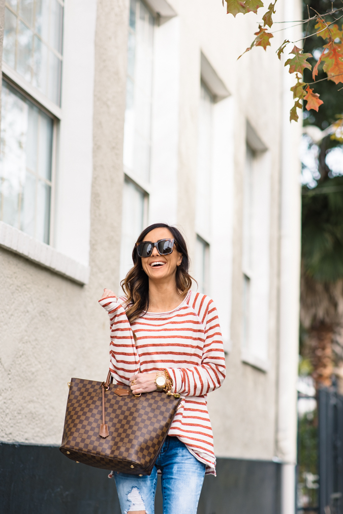 casual stripes, stripes, stripe shirt, distressed denim, blank denim, louis vuitton, casual style, celine sunglasses, gold jewelry, casual outfit, 