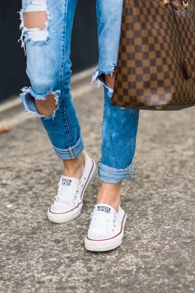 white denim skirt outfit with striped sweater louis vuitton graceful mm  YESMISSY - YesMissy