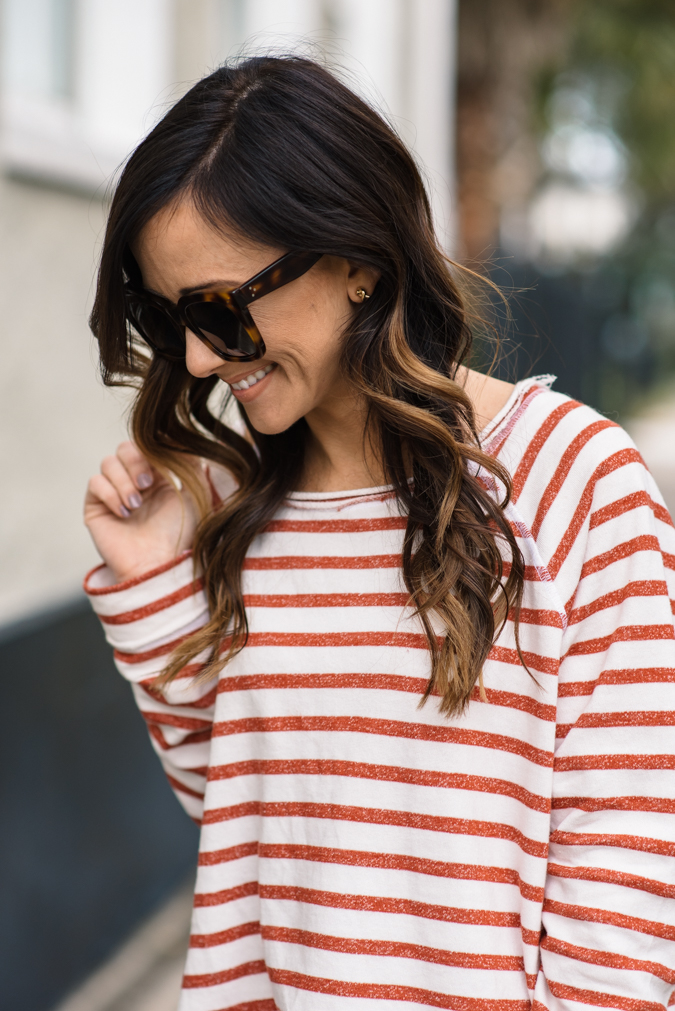 casual stripes, stripes, stripe shirt, distressed denim, blank denim, louis vuitton, casual style, celine sunglasses, gold jewelry, casual outfit, 