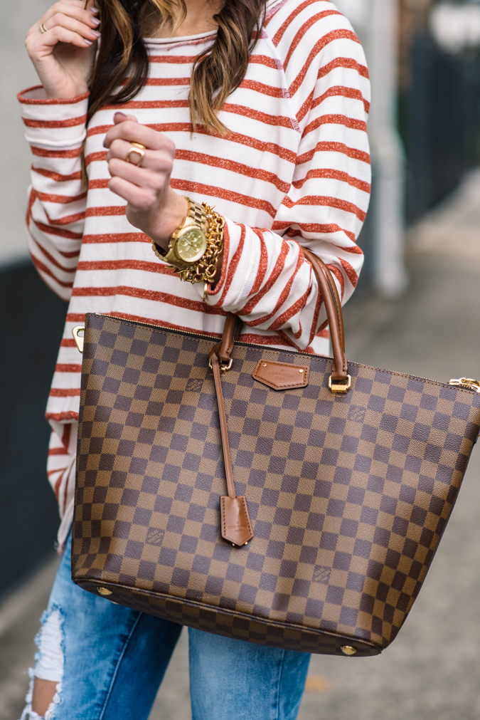 casual stripes, stripes, stripe shirt, distressed denim, blank denim, louis vuitton, casual style, celine sunglasses, gold jewelry, casual outfit, 