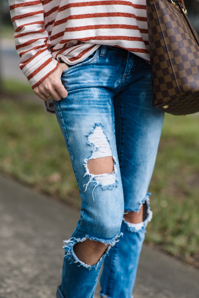 casual stripes, stripes, stripe shirt, distressed denim, blank denim, louis vuitton, casual style, celine sunglasses, gold jewelry, casual outfit, 