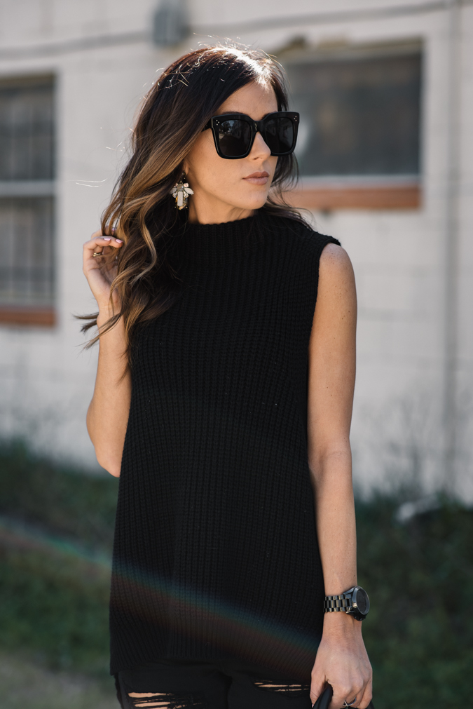 ribbed sleeveless turtleneck sweater, sleeveless sweater, black sleeveless sweater, bp. sleeveless sweater, celine sunglasses, baublebar statement earrings, kristin cavallari black wedges, topshop distressed denim skinny jeans, black distressed denim, distressed denim skinny jeans, black skinny jeans, black distressed skinny jeans, celine handbag, celine tote, celine satchel