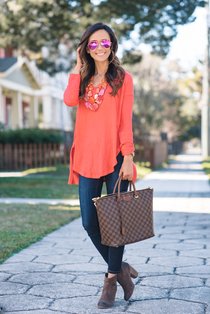 free people, thermal top, ventura top, dark denim jeans, dark denim, bp trott booties, nordstrom, nordstrom jewelry, valentine's day jewelry, valentine's day, ray ban, pink aviators, mirrored aviators, louis vuitton, damier LV, damier louis vuitton, panacea stone necklace, panacea ombre stone necklace