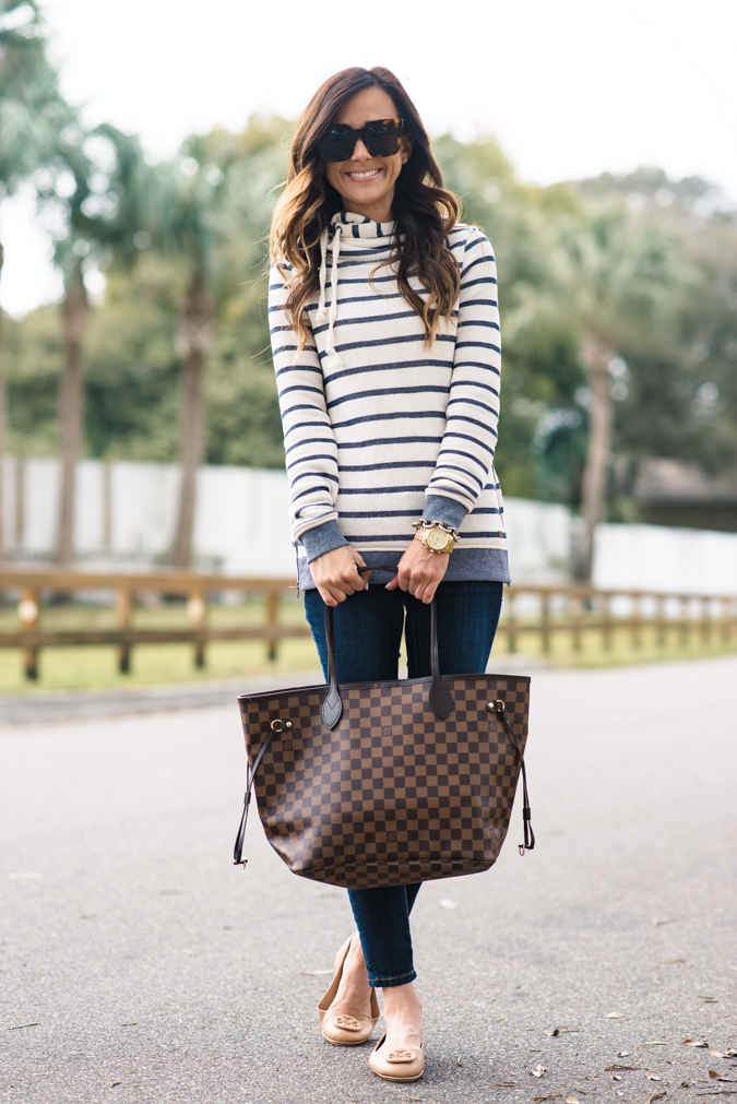 stripe sweatshirt, roxy sharing song stripe hoodie, spring style, sweatshirts, sweatshirt, roxy, dark denim skinny jeans, j brand jeans, j brand dark denim skinny jeans, louis vuitton damier neverfull tote, tory burch minnie flats, nude flats, 