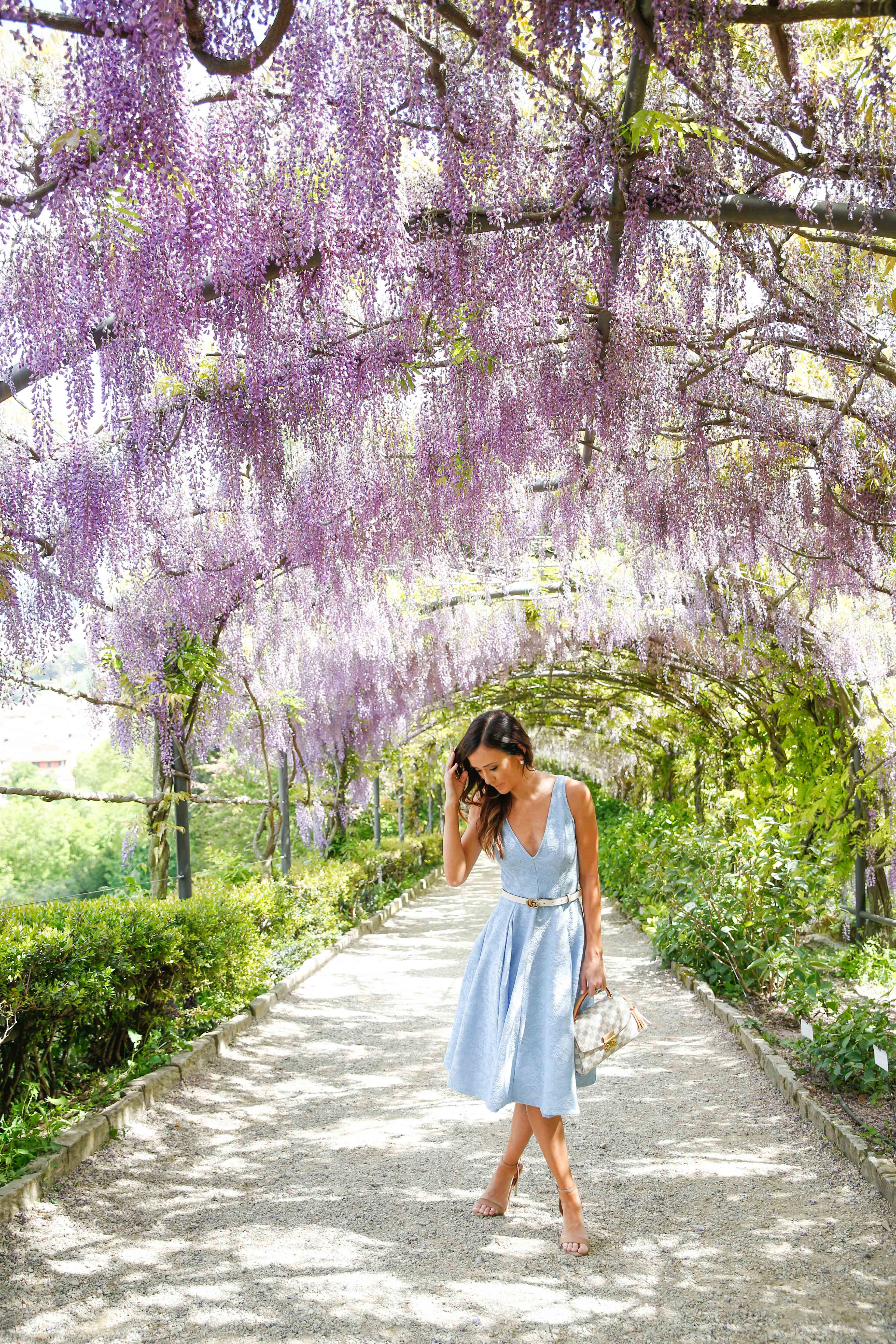 florence, asos, blue dress, boboli gardens, fit and flare dress