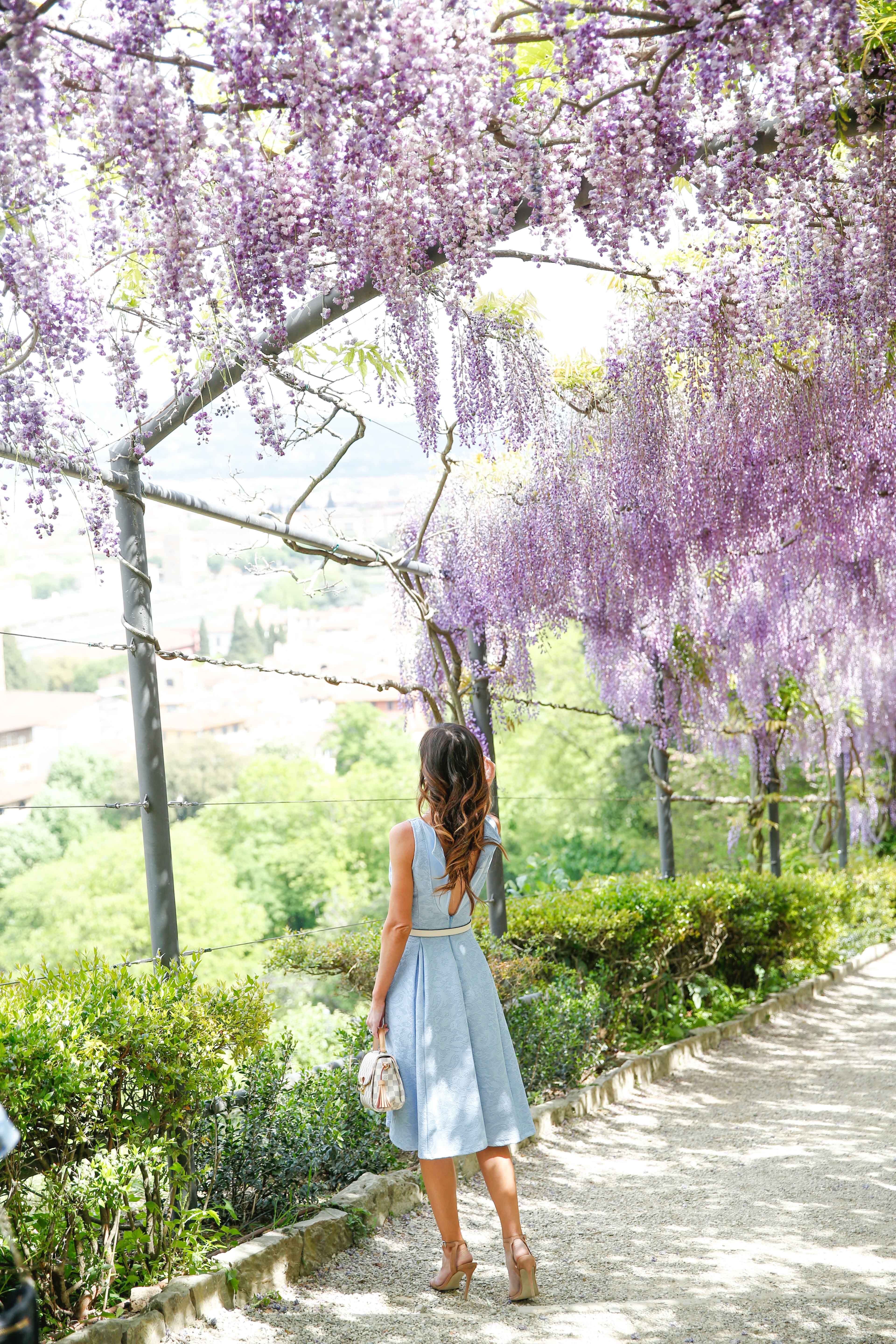 florence, asos, blue dress, boboli gardens, fit and flare dress