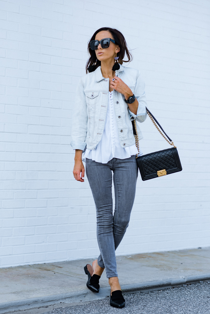 fall style, loafers, how to style slides, how to style loafers, black loafers, black slides, chanel boy bag, chanel, designer handbag, jean jacket, gray jeans, how to style gray jeans