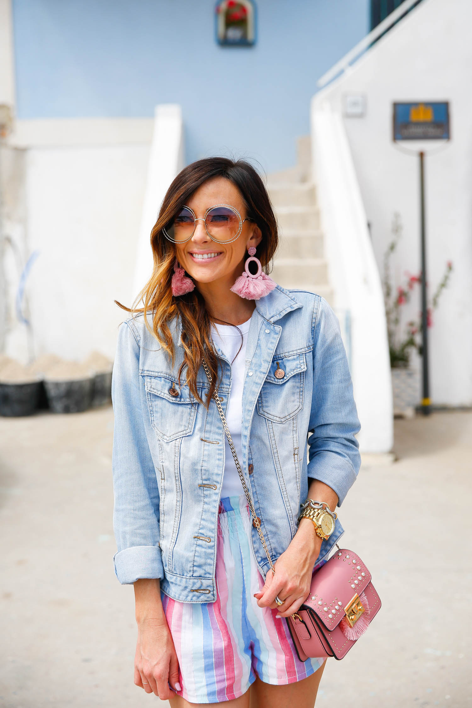 procida, colorful shorts, privacy please, italy, jean jacket, chloe sunglasses, statement earrings, baublebar