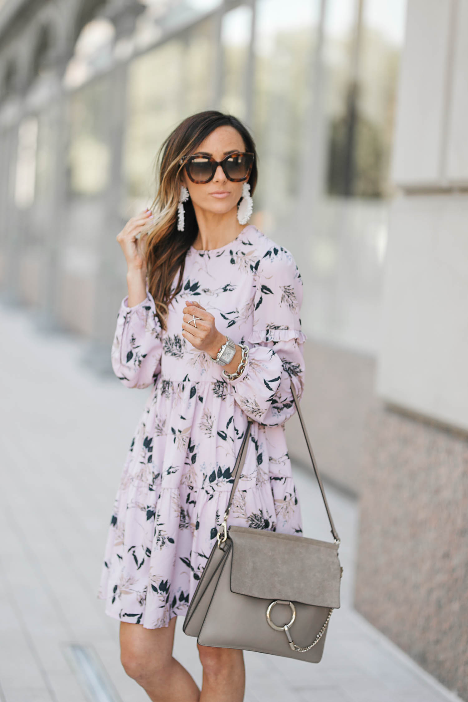 floral dress, urban outfitters, gray valentino sandals, valentino rockstud sandals, chloe faye medium satchel, baublebar earrings, statement earrings, gucci sunglasses