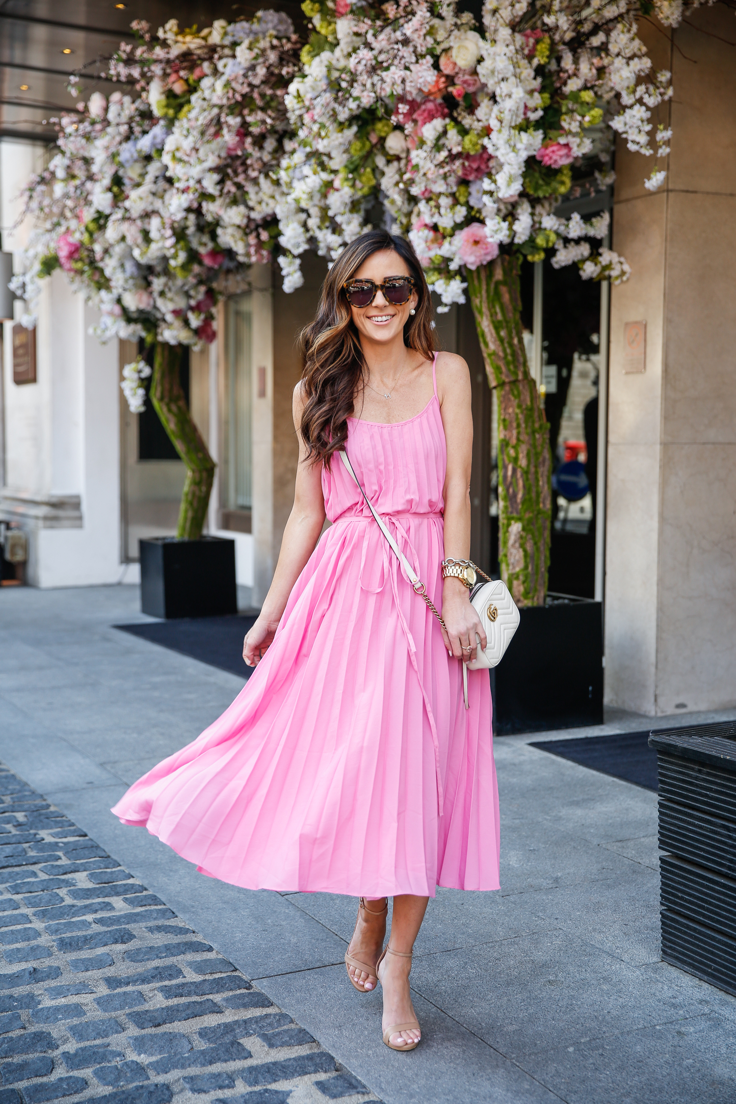 pink pleated dress