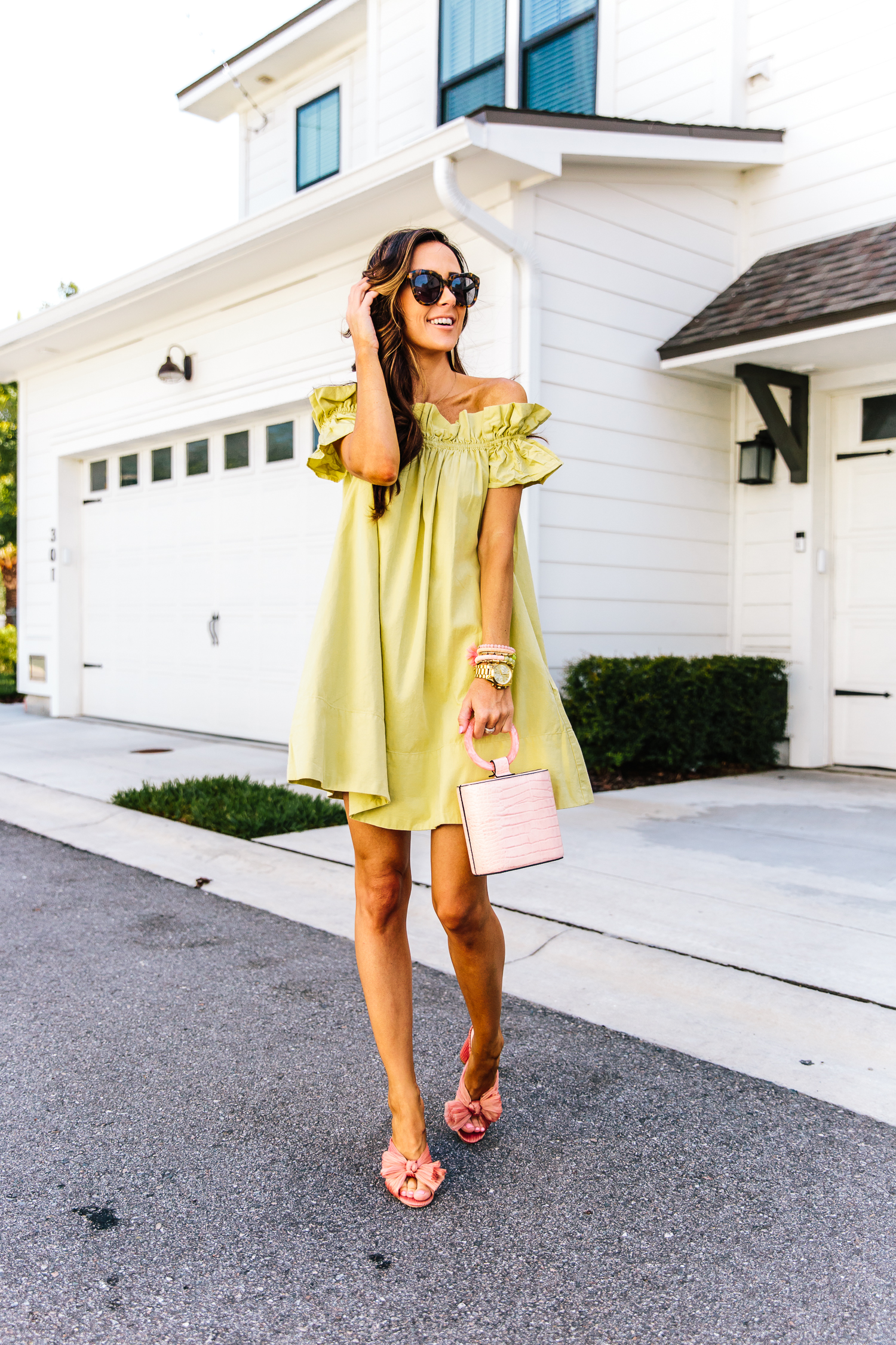 lime green dress, ruffle detail, color lover