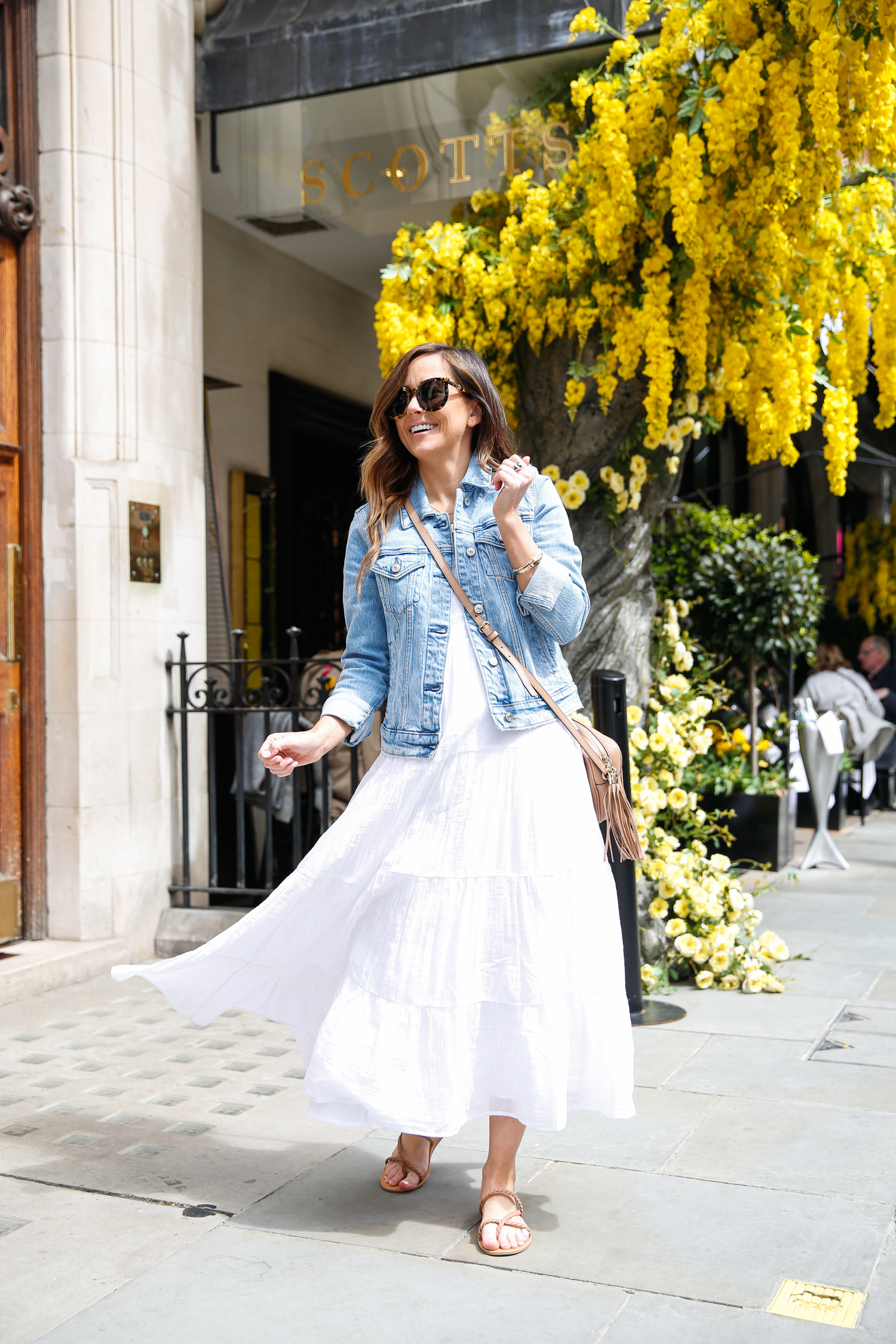 denim and white dress